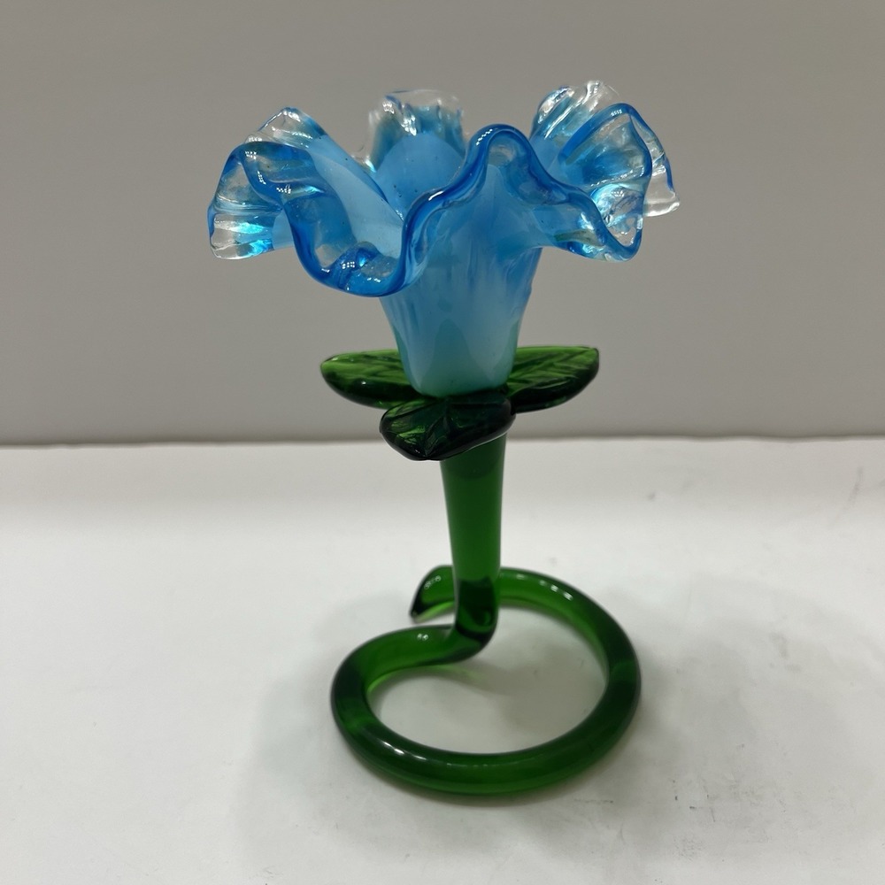 Vintage Hand-Blown Art Glass Flower Vase Candle Holder Bright Blue Ruffled 6x4"